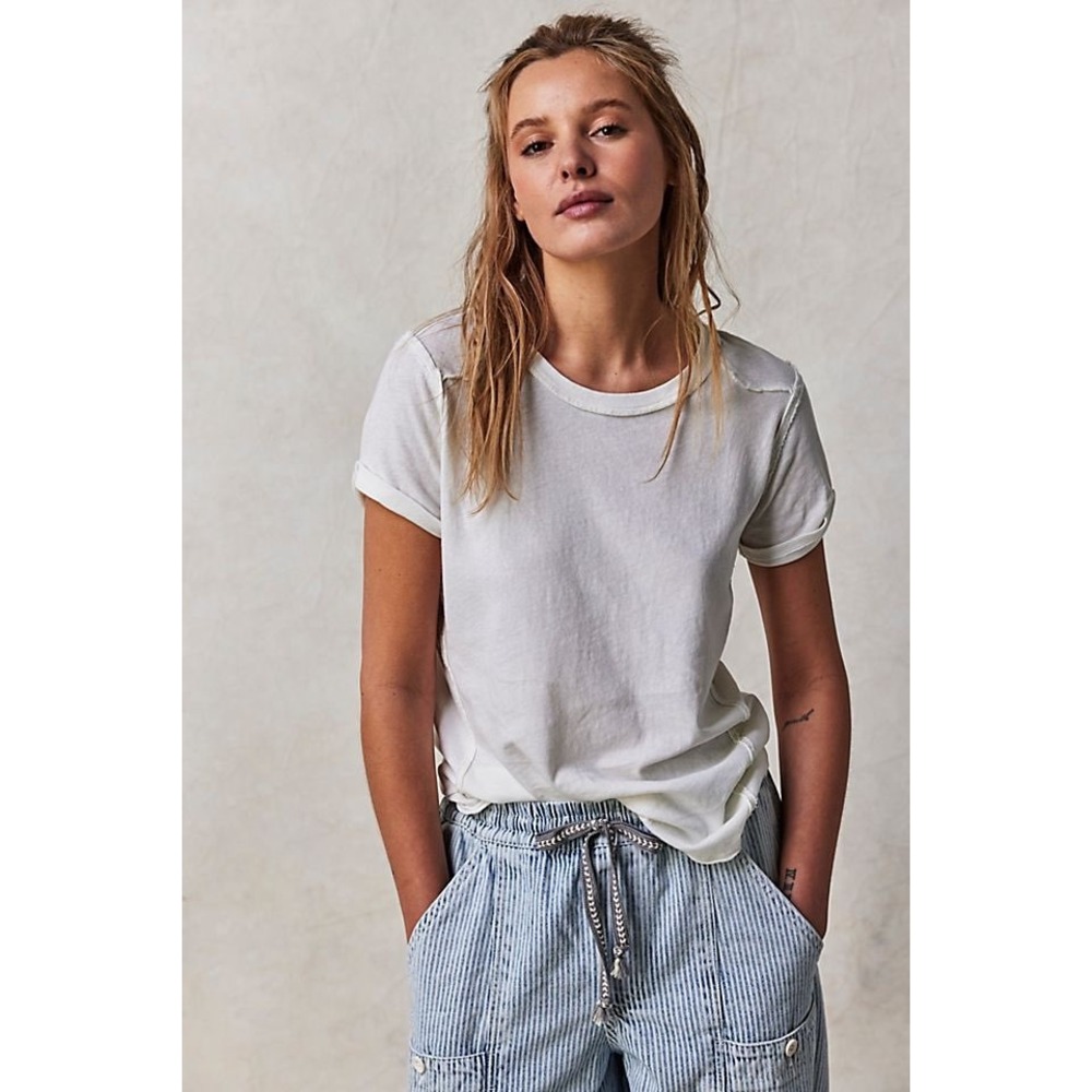 We The Free Free People Ivory Raw Seam Cotton‎ Short Sleeve Tee Shirt Small